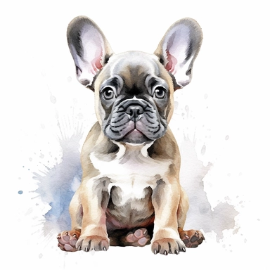 watercolour sitting cute realistic French bulldog puppy beautifully detailed cute face perfect facial features and ears four perfect legs and paws beautiful cute realistic French bulldog puppy, png clipart, 300dpi, graphic clipart,computer graphics,high resolution print graphics