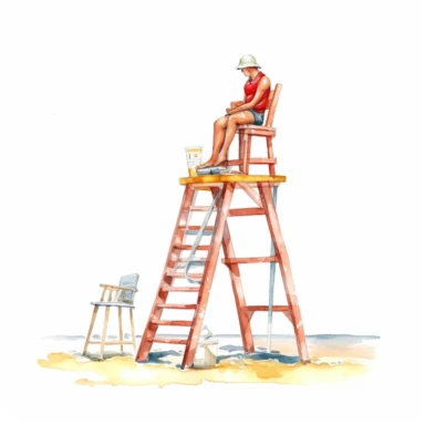 watercolor beach lifeguard on highchair with binocolurs in hand looking in the ocean , illustrations clipart set, simple, , cartoon elements ,different variants , separate elements with a margin, wooden and plastic elements elemets ,4k, high resolution
