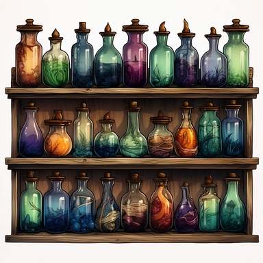 Hand drawn Vintage creepy Potion Bottles , Create a clipart featuring colorful various shapes and sizes potion bottles lined up on a shelf each filled with a different colored liquid ,no background, watercolor, witchcraft, magical mystery art, cartoon style, very detailed, 8k ,clipart,no shadow,single design, print on demand image, PNG transparent ,white background for removing background - - no text shadow font watermark
