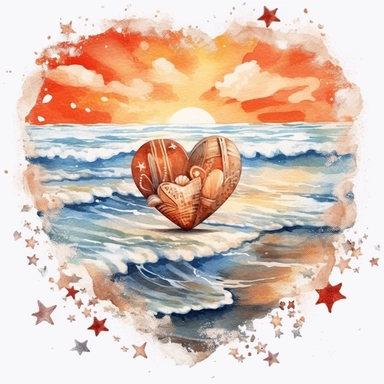 Retro Heart Beach Sunset Watercolor Clipart, Watercolor Beach Sunset in a Heart Shape Clipart, Beach Clipart, sand, starfish, Watercolor Clipart, highly detailed, plain white background 8k