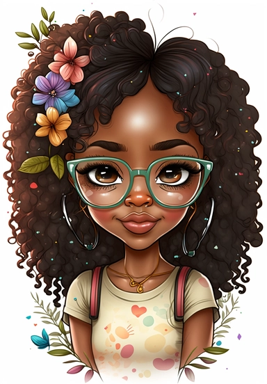 2d watercolor clipart kawaii, spring, april, character of beautiful african american woman, Intricately rendered dark Skinned woman, full body portrait, intricately rendered, 8k, long thick curls brown hair, sparkles, generously detailed, hyper realistic, digital, long rainbow eye lashes, beautiful retro comic urban chick, smart, books, nerdy, glasses, 8k,