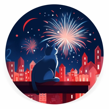 bright red, white, and bright blue fourth of july illustration clipart a curious cat perched on a window sill, gazing at a mesmerizing display of fireworks bursting in the dark blue night sky. cropped inside of a round shape with a white background in the style of Joey Chou