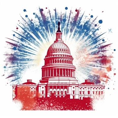 Visualize a patriotic clipart featuring the United States Capitol building illuminated with fireworks, standing proudly against a clean white backdrop, symbolizing the country's enduring strength and democracy on Independence Day.