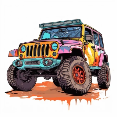 Lifted jeep sublimation clipart, neat, clean, detailed, white background, vibrant and bold colors, neat, clean, vector art