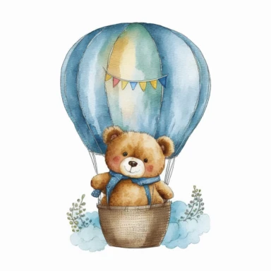 illusrated watercolor mini teddy bear wearing a blue bow tie, in a hot air balloon, clipart, white background