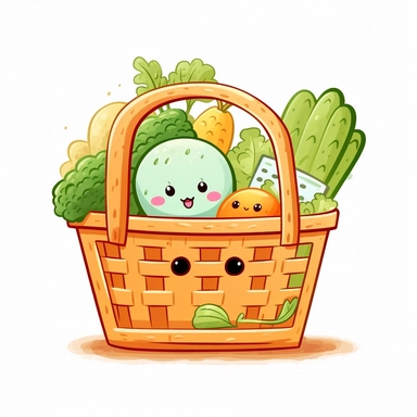 clipart of a cute shopping basket with grocery, chibi style white background