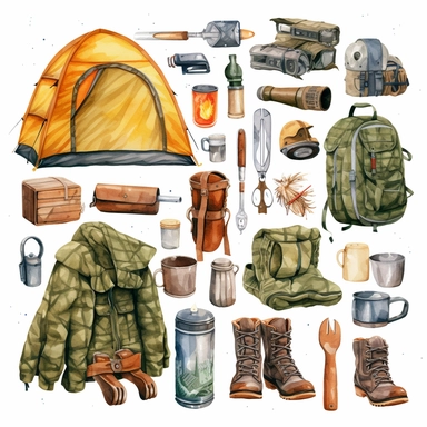 watercolor, Camping gear collage on white background png Full body realistic cartoon in 32K UHD cute. 15 cm thick outline. Black color. There was no shadow on the ground. 8k with realistic watercolors and detailed illustrations. PNG clipart, transparent white background