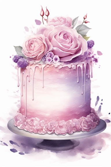amazing detailed watercolor clipart of a beautifully detailed lilac and baby pink colored birthday cake, no caption, solid white background, cinematic light lighting, hyper-detailed, 8k, high resolution, symmetrical, full shot photograph, insanely detailed and intricate, beautiful, elegant, glamour, watercolor, cinematic