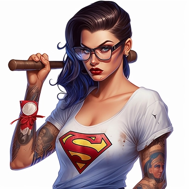 beautiful pretty gamer girl, pin up style, cute angry face, with headphones, makeup and hair 50's style, Superman tshirt, showing shoulders, tattoed arms,glasses, holding Lucille baseball bat,with money in her hand, dark hair, paint art style, different poses, different haircolor, detail, clipart, white background, superrealistic, one of a kind