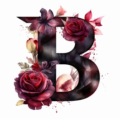 clipart, a watercolor illustration of a solid black color Letter B with maroon color roses, white background, in the style of sketchfab, phoenician art, luminous shadowing, pentax 645n, realistic oil portraits, kombuchapunk, animate gifs, detail in layers, paleocore