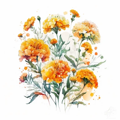 [9063799586] Watercolor clipart. An enchanting watercolor artwork featuring a charming bouquet of marigolds, their vibrant petals dancing with every brushstroke.. White background. No text. No caption. No logo