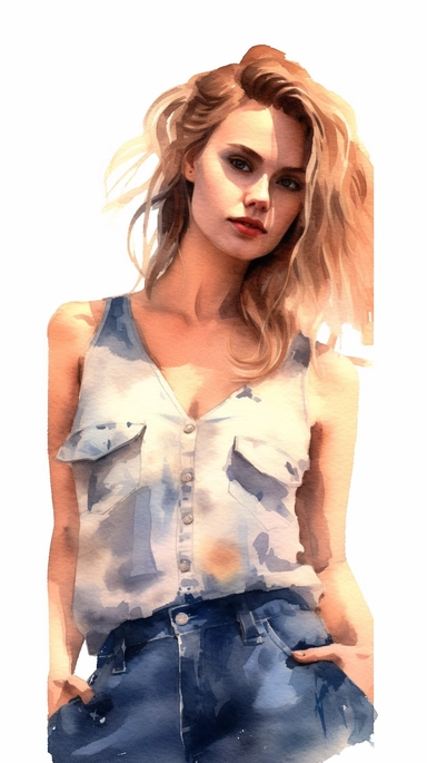 watercolor stylized clipart of a gorgeous unshaved french woman bombshell with hairy armpits in a white croptop and denim shorts, posing, epic light, chaotic,