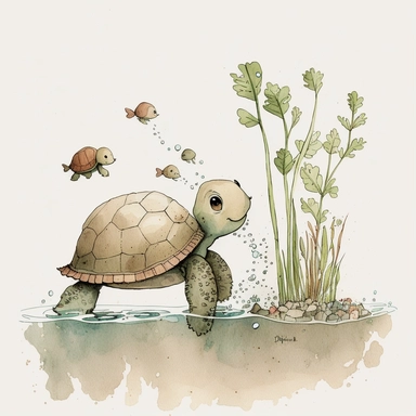 watercolor and pencil drawing of an an anthropomorphic baby turtle playing with tadpoles, ​happy, gentle smile, beautiful watercolor ink wash coloring, thick pencil lines, Jon klassen, beatrix potter, popular on etsy, watercolor illustrations clipart, watercolor illlustrations for kids and children, plain white background