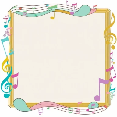 musical border frame, cute music border, clipart frame border, cute, vector image, white background, partially colored, coloring book style, cartoon, childish, pink, periwinkle, lite blue, teal, purple, golden, gold color, black and white, coloring book, simple, line art, character, white background,