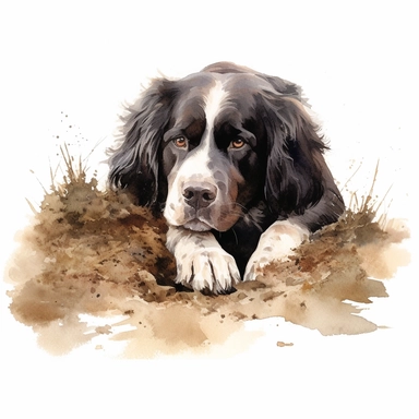 Landseer ECT, digging in the dirt, watercolor, Clipart, white background, no text, no caption