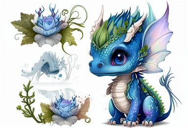 Cute baby Dragon PNG, full body, great wings, Dragon Clipart Illustration, blue Dragon Clip Art for Sublimation, Scrapbooking and Crafts, Dragon Art for Kids , flowers on head, white background,