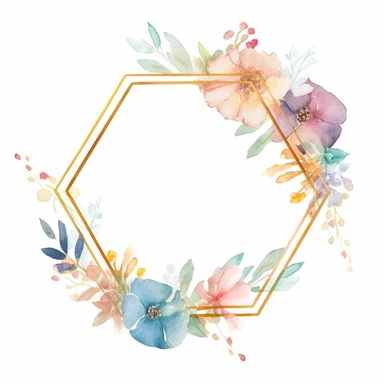 thin golden pentagon frame, slim golden pentagon frame, one single pentagon frame, some pastel pink yellow blue flowers around, pastel easter flowers arrangement, wreath clipart, symmetrical, pastel flowers arangement, simple watercolor illustration, single pentagon, watercolor with margin, bold line, editorial design, print design, Super - Resolution, Megapixel, Pro Photo RGB, VR, outside, 8K, super detailed, HDR, 8k. white background