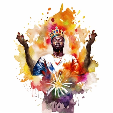 Watercolor floral African American king with a crown, radiating with fire in a pulpit, realism, png format,Clipart, Sublimation, white background