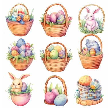 Watercolor pride symbol, illustrations clipart set, simple, soft colors, cartoon elements, different variants, easter elements, cute pride symbol, easter eggs in basket, separate elements with a margin