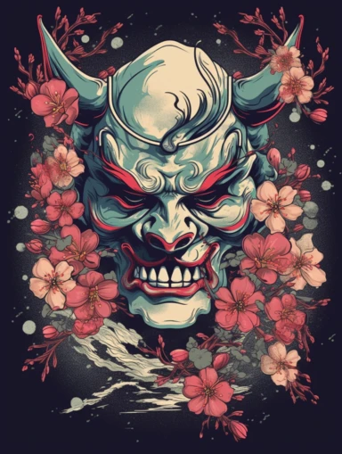 t shirt design,hannya mask, cherry blossoms, abstract, simple, clipart, detailed, vector graphic,
