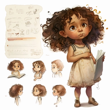 Little girl exploring, character sheet, illustration for book, children's book, multiple positions,five years old, curly hair, dark brown hair,Watercolor Clipart, strybk, full Illustration, 4k, sharp focus, watercolor, smooth soft skin, symmetrical, soft lighting, detailed face, concept art, watercolor style, strybk, children's style fairy tales, chibi kawaii, . Octane rendering, 3d. Perfect face, detailed face, delicate face, perfect sharp lips, detailed eyes. Craig Davison, Aubrey Beardsley, C