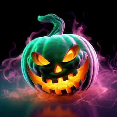 clipart, A grinning neon-colored Jack-o'-lantern with glowing eyes and a mischievous expression. The pumpkin should be surrounded by swirling neon-colored fog or smoke to add an eerie atmosphere. Camera setup: Close-up shot with a shallow depth of field to focus on the details of the Jack-o'-lantern's face. Use colored gels or lighting effects to create the neon glow