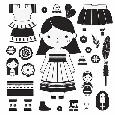 black and white collage dresses inspired by inca and maya art innocent illustration design only for kids vector flat clipart 2d funny for nursery decor lineart solid colors white background only