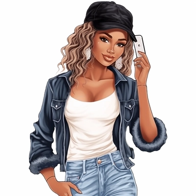 A beautiful African American woman, Denim girl clipart, Denim clipart, Fashion girl clipart, wearing denim shorts, brown leather sandals, Jeans Girl Clipart, African American clipart, Afro girls clipart, Clipart, ultra realistic, hand drawn,wearing the white crop tops, all with beautiful bright smiles, Full body. Clothing line, retail fashion, 2023, fashionnova, African american, mid sized models. Highly detailed. very attractive, glamorous, make up beautiful, gorgeous, glowing make - up. full b