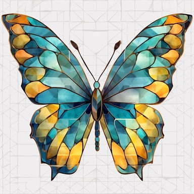 butterfly png design on transparent background, hd png download, in the style of stained glass effects, dark aquamarine and yellow, mural painting, wlop, gold and blue, mosaic-inspired realism, unique and one-of-a-kind pieces ,Stained Glass Butterflie Clipart, white background