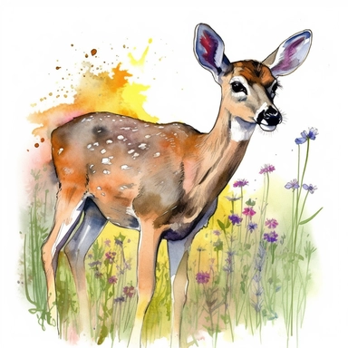 doe in a colorful Meadow Clipart watercolor sketch,