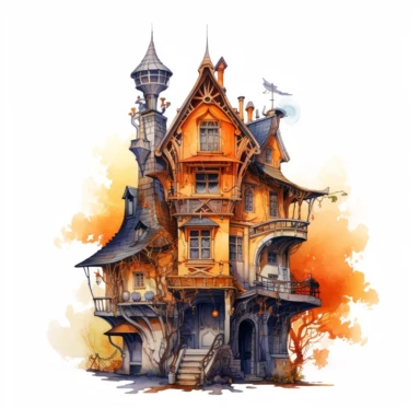 A beautifully painted cozy witch house in varying hues of captivating orange, yellow and black, stunningly beautiful, refined and sophisticated, Hand drawn, Roberto Ferri, Clipart, watercolor, white background, intricate detail, degree angle