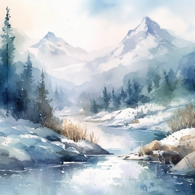 : A watercolor winter scenery clipart showcasing the enchanting beauty of a snowy mountain landscape. The brushstrokes elegantly portray majestic snow-capped peaks against a clear blue sky. The scene features evergreen trees blanketed in snow, with a frozen river winding through the valley. The color palette is a mix of cool blues, pure whites, and hints of deep greens, evoking a sense of serenity and awe. The clipart invites viewers to immerse themselves in the breathtaking grandeur of a peacef