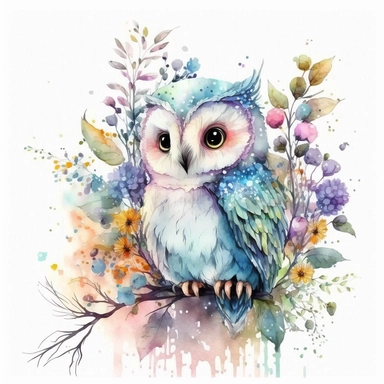 watercolor cute cartoon fantasy owl defined edges Floral Clipart pastel color white background