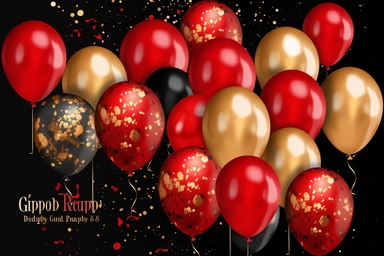 Red and Gold Balloons Clipart, glitter balloon png digital overlays with glitter confetti for birthdays, creat smilar clipart,