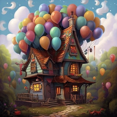 Whimsical magical wacky balloon cottage, dark forest, muted colors, swirls, twists, twirls, metallic, glitter, stylized, funny, centered, airbrushed, digital oil, detailed illustration, clip art, cartoon, 8k,-- ar 9:8