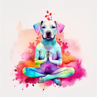 cute dog doing yoga exercise, neon colours yoga lotus flowers background, yoga design, yoga art watercolour clip art