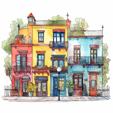Very cute and Whimsical street of Buenos Aires, cute houses, folkloristic La Boca neighborhood, beautiful, Watercolored illustration, clipart, white background