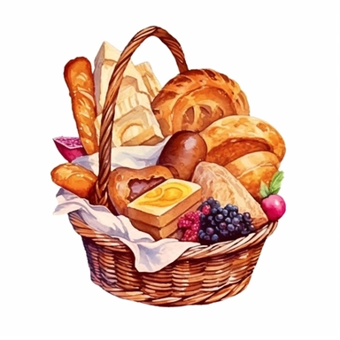 watercolor various breads on a white background with basket baskets full, in the style of grandparentcore, light maroon and light gold, poignant, loose gestures, made of all of the above, radiant clusters, folk/naïve Clipart desert cartoon t-shirt graphic, vector,contour, isolated on a white background