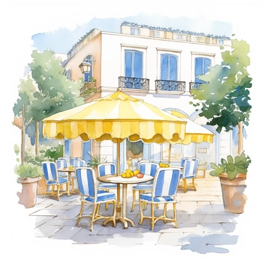watercolor, hyper realistic, white background, white margins, 16k, ultra detailed clipart, cut out image, hand-drawn illustration style for picture books A charming cafe with yellow awnings and tables set with blue and white checkered tablecloths, mediteranean town, in the style of carolyn blish, soft watercolours, website, translucent color, aleksandr deyneka, luminous glazes, charming illustrations