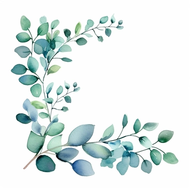 corner frame of watercolor eucalyptus branch clipart, in the style of border art, green with blue accents, white background
