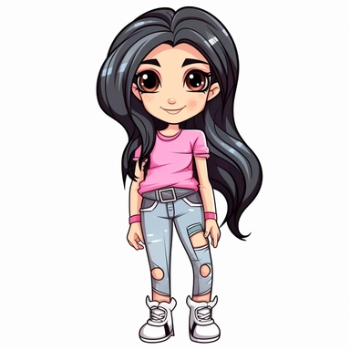girl doll style smiling, thin black contour lines, arms crossed, pink jeans, sneakers, long black hair with light highlights tousled, cartoon clipart, cute eyes, illustration for kids, disney