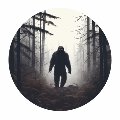 bigfoot in dark woods, painting circular clipart sticker, no mock-up, white background