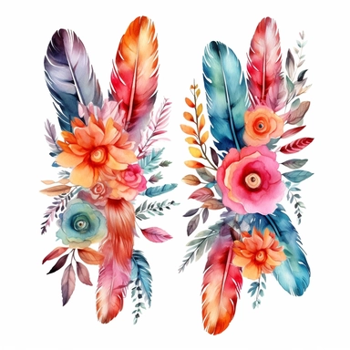 Create an auto sticker featuring a delightful medley of boho feathers complemented by vibrant watercolor floral clipart bouquets. Let the intricate patterns and textures of the feathers intertwine with the beauty of the flowers. This design represents the harmonious blend of nature's elements.