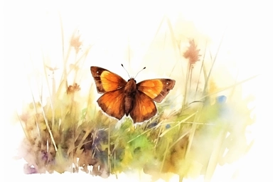 Watercolor, Generate an image of a Dun Skipper butterfly basking in the sunlight on a bed of grass, clipart, hd, on a white background, spaced out