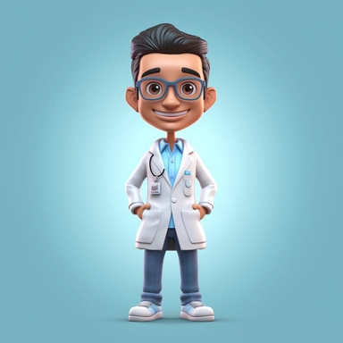 Front view of animated doctor standing wearing t-shirt character design, full body, face drawing with blue sky background, top quality, high quality face drawing, clipart, full illustration, 4k, sharp focus. Clear, soft skin, symmetrical, detailed face, concept art, storybook style, chibi kawaii. Octane rendering, 3D, perfect face, detailed face, delicate face, lips. Perfectly sharp, detailed eyes