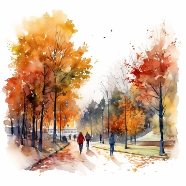 Beautiful watercolor of A park scene with colorful autumn foliage, fallen leaves, and people enjoying a leisurely stroll, clipart, Autumn Park, white background