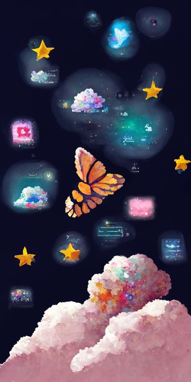 an image of a game screen with stars and clouds, pixel art, by Sailor Moon, tumblr, painting big bees flying around, winamp skin, raining outside the window, ( collage ), fairy wings, buggy, bloomy, bad dream, chimney, kawaii colors, it is flying through space, clipart,