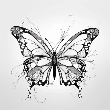 butterfly flying, black and white, simple clean coloring book page, coloring book page, curly outline, clean simple line art, clean white background, well composed, white lines, no dithering, strong outline, vector, bold black lines, No fill, No solids, no words, no title, ink lines, line art from a coloring book, no gray shadows, white background, clipart, vector, set, isolated elements, white background, all black colors in hex code # 000000, no fine lines