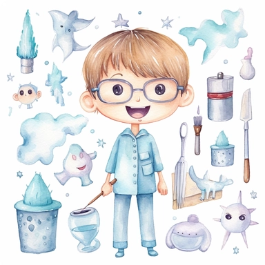 Cute kawaii dentist watercolor white background clipart set single elements with margin