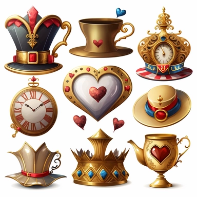 collection of hat , teapot,book, teacup, hearts cards, big crazy hat, gold melting clock , hourglass, queen of hearts , hearts paying cards vector clipart on white background